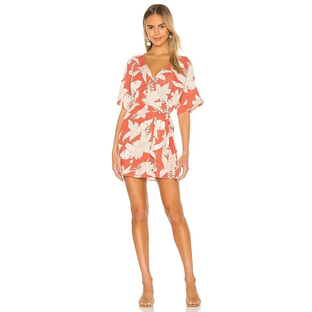 Amuse Society Mala Short Sleeve Floral Woven Linen Dress in Sunrise Size Large - Picture 1 of 7